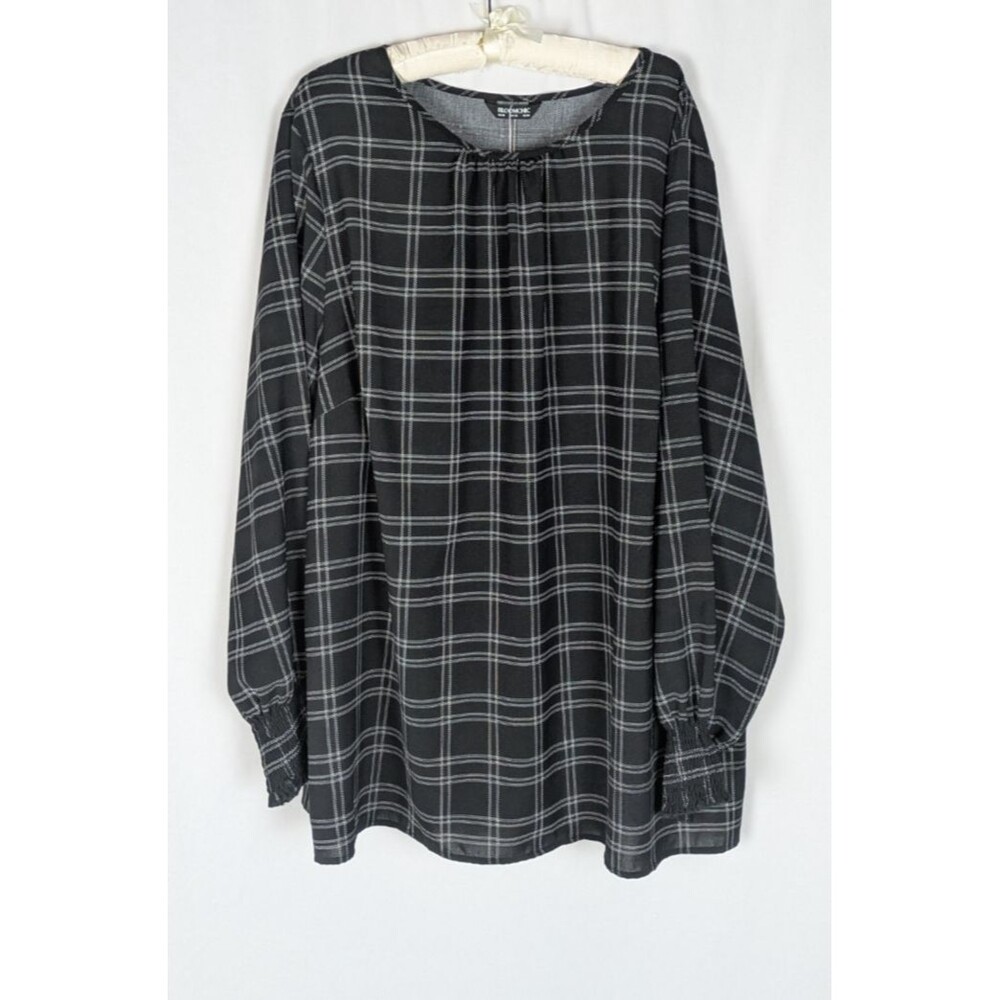 Bloomchic Blouse 28 Women's Black Plaid Long Sleeve Back Pleat Smocked Cuffs